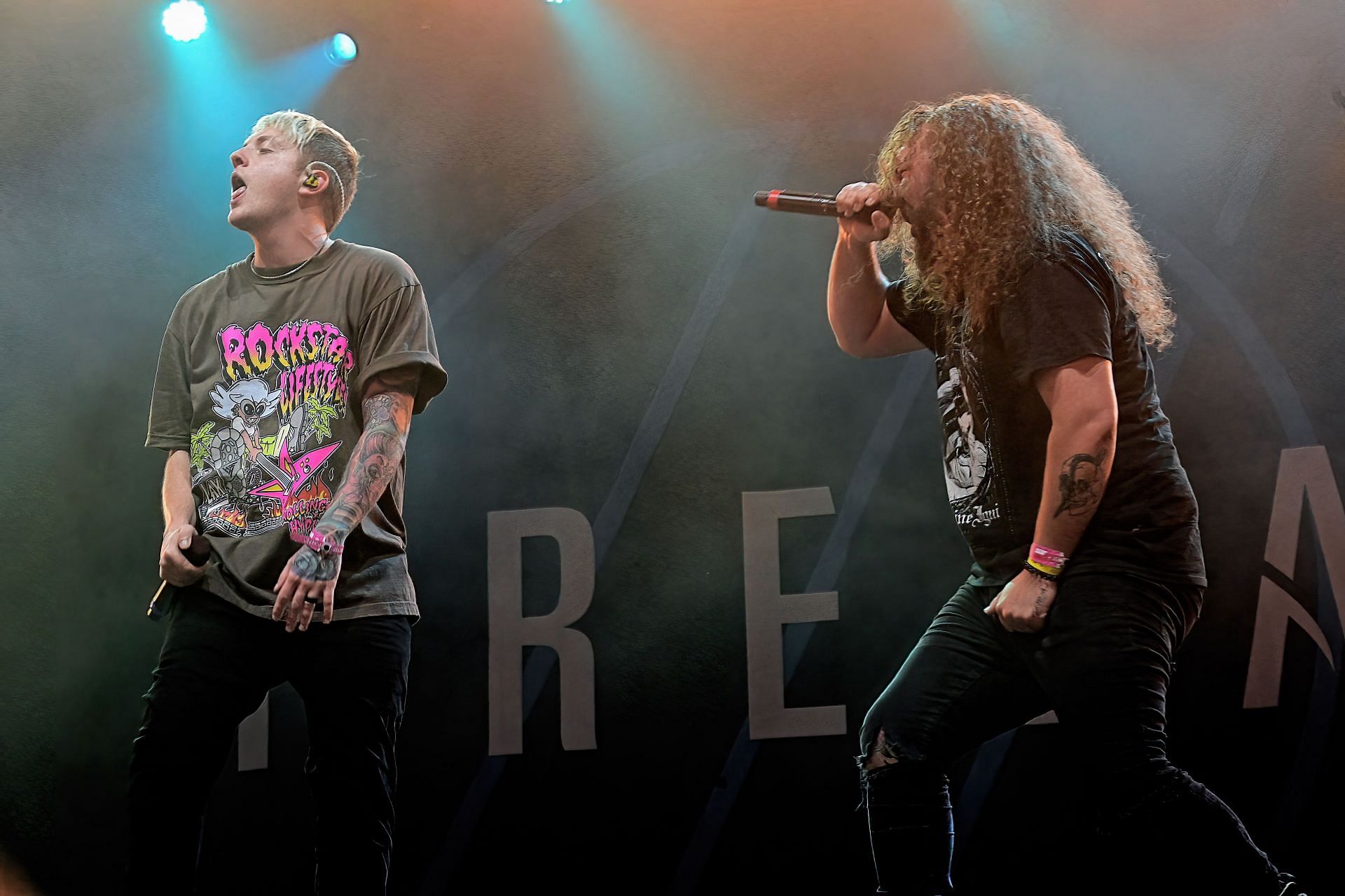 Brian Burkheiser and Eric Vanlerberghe from I Prevail perform at the Pinkpop festival on June 18, 2023 in Landgraaf, Netherlands. (Image via Getty)